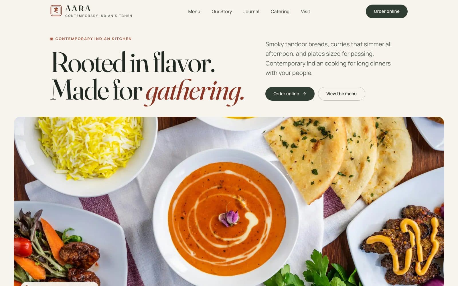 AARA demo homepage: Rooted in flavor. Made for gathering, above a table of curries and naan.