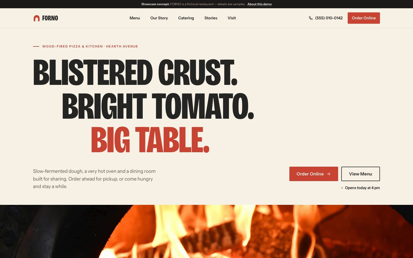 FORNO demo homepage: Blistered crust. Bright tomato. Big table.