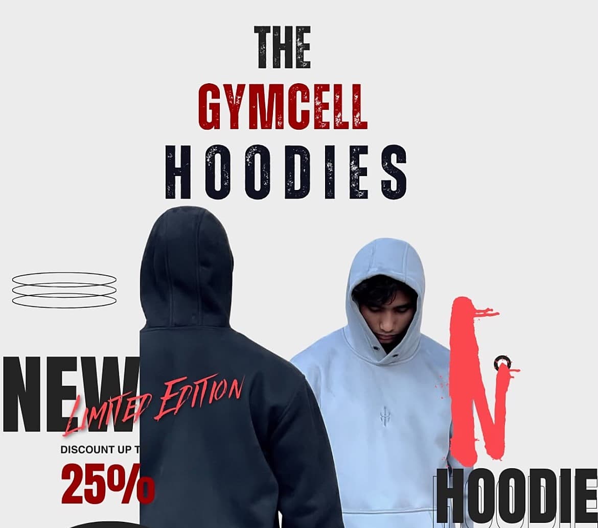 Gymcell launch post: The Gymcell Hoodies, a black hoodie from behind and a grey hoodie from the front.
