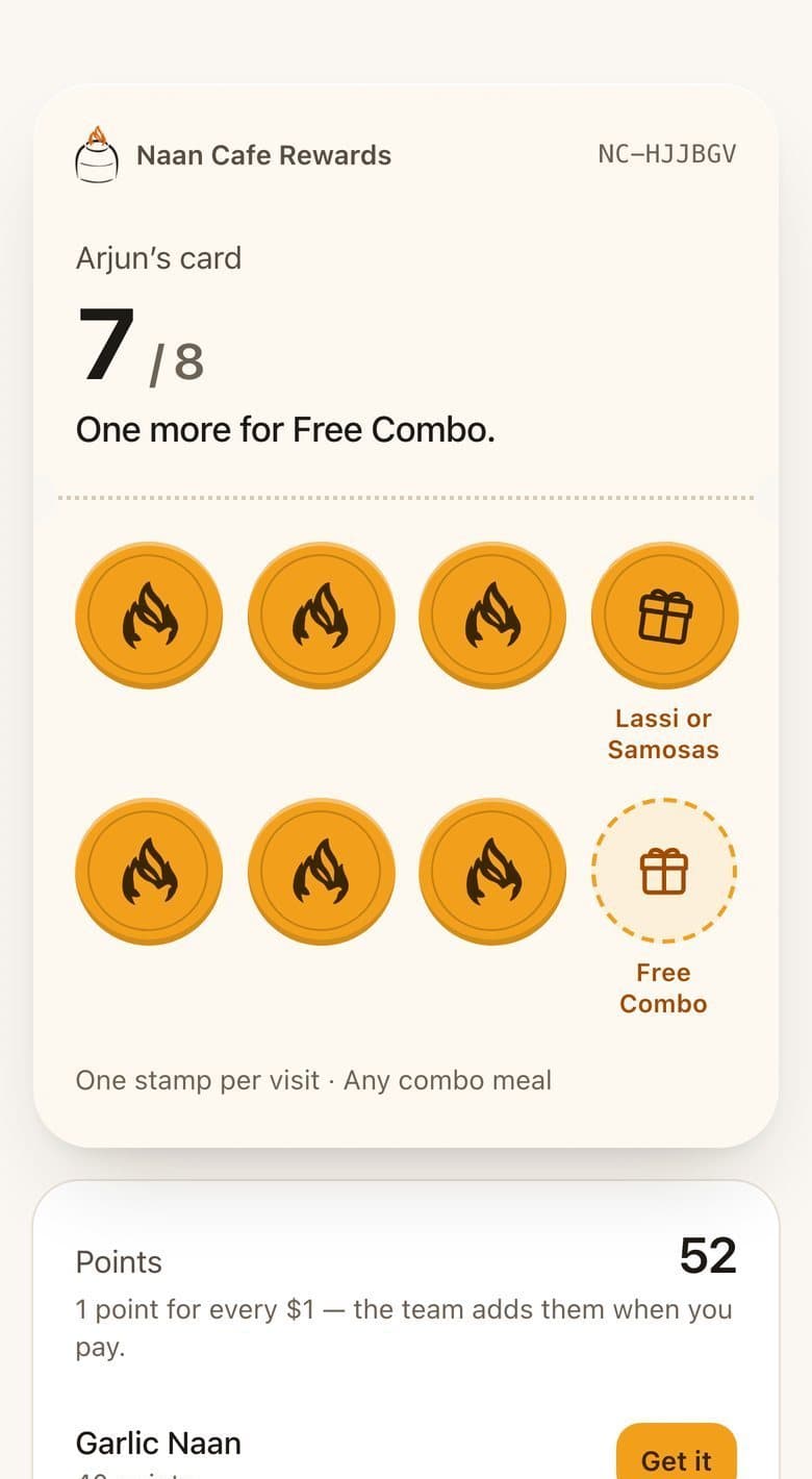 Naan Cafe Rewards card on a phone: seven of eight flame stamps collected, one more for a free combo.