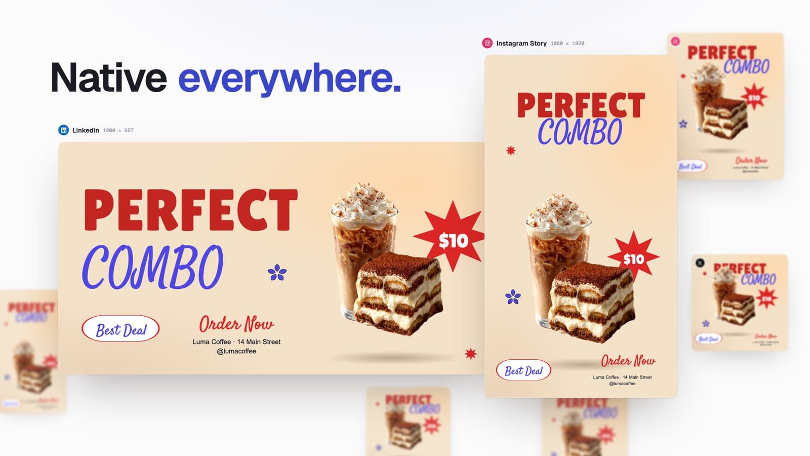 Sociora product film frame: one coffee promotion adapted natively for LinkedIn and an Instagram Story, headed Native everywhere.