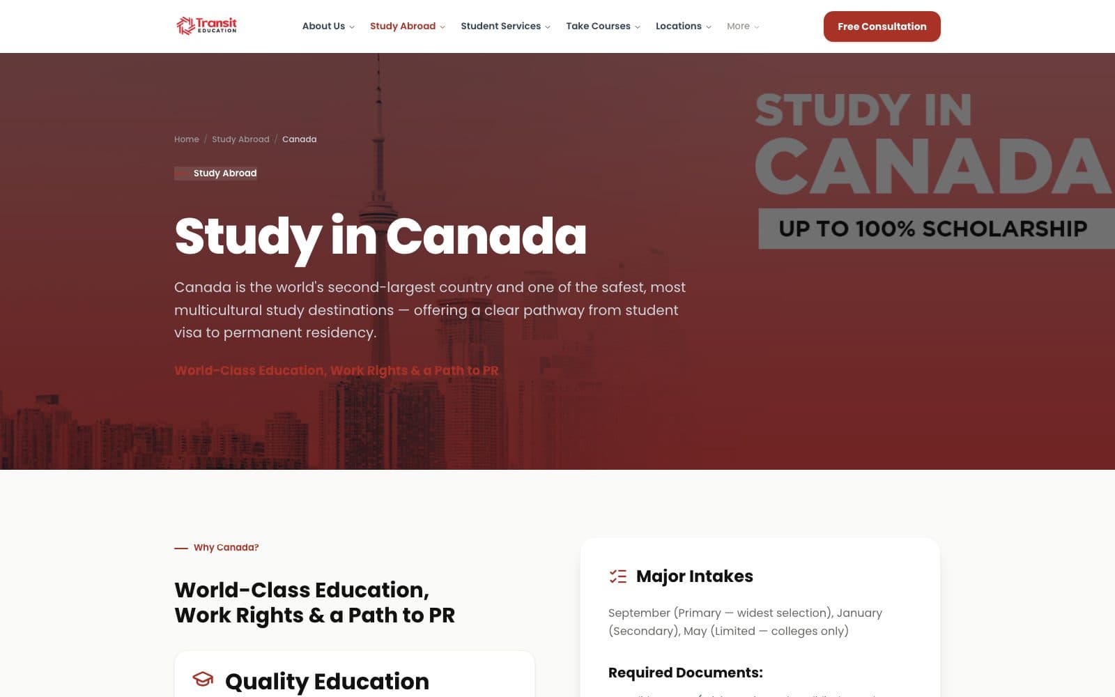 Transit Education’s Study in Canada guide with a deep red hero and the Toronto skyline.
