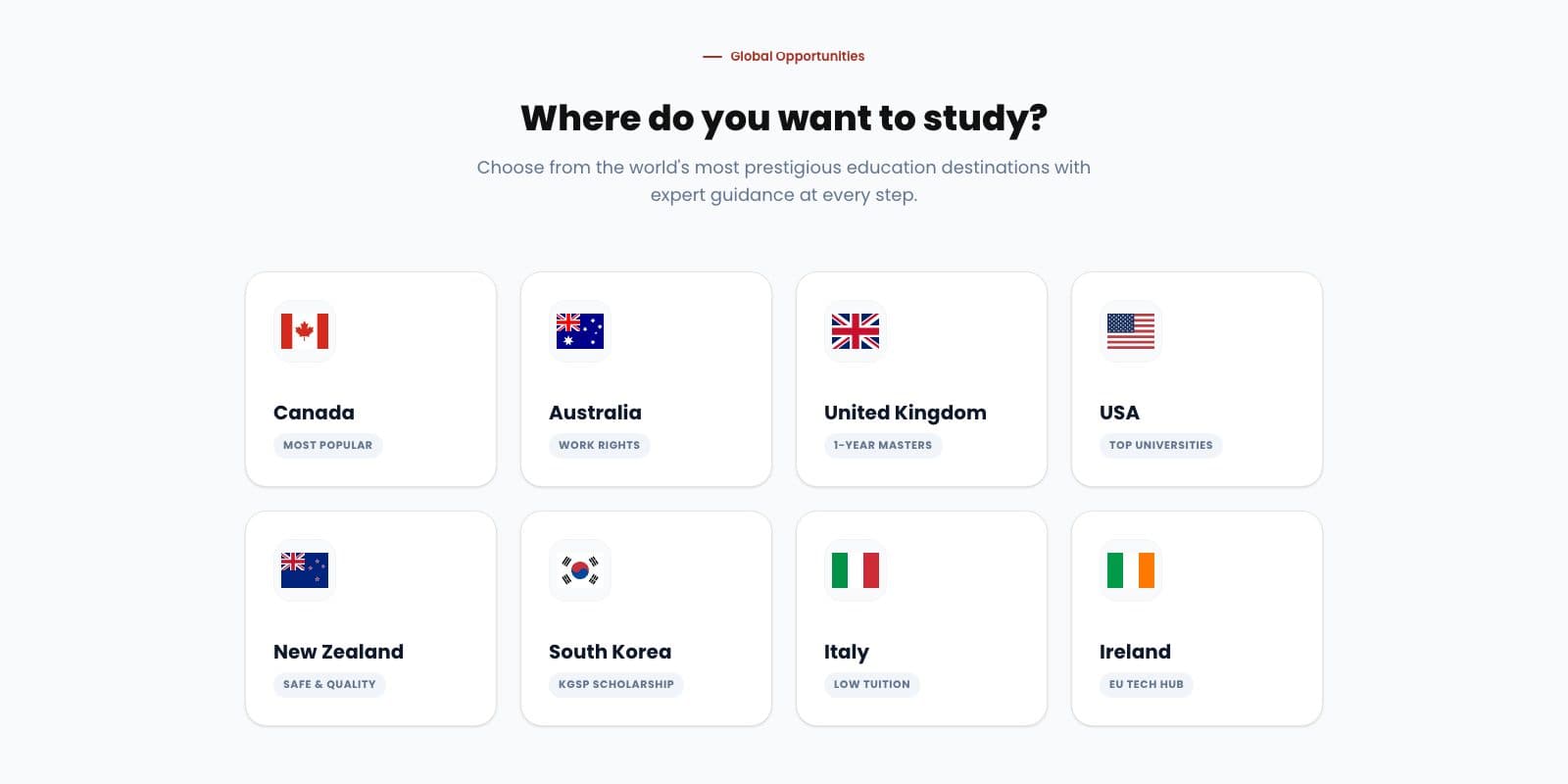 Where do you want to study? grid of destination cards.