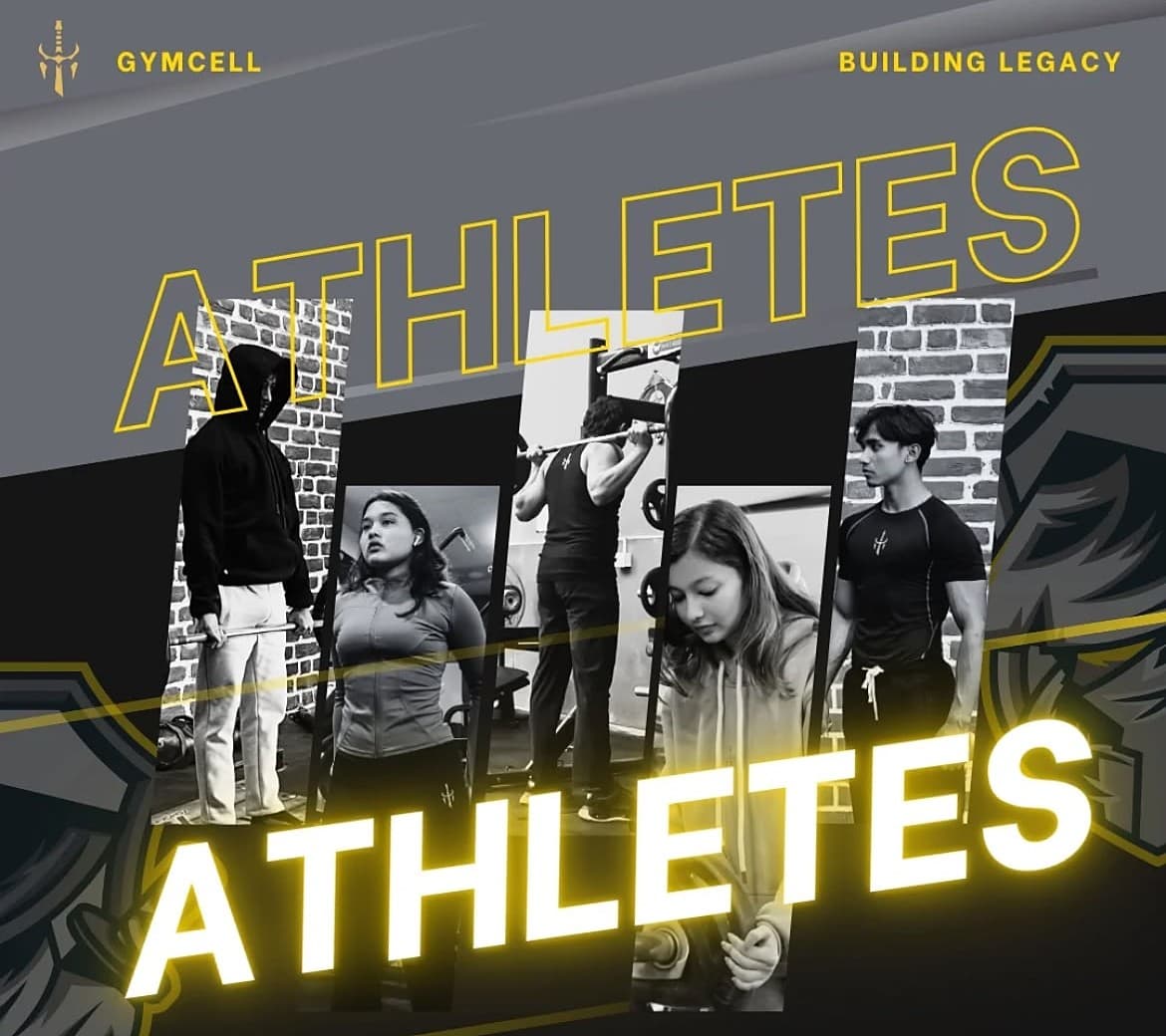 Gymcell post headed Athletes: five people training in Gymcell apparel, in black and white with yellow type.