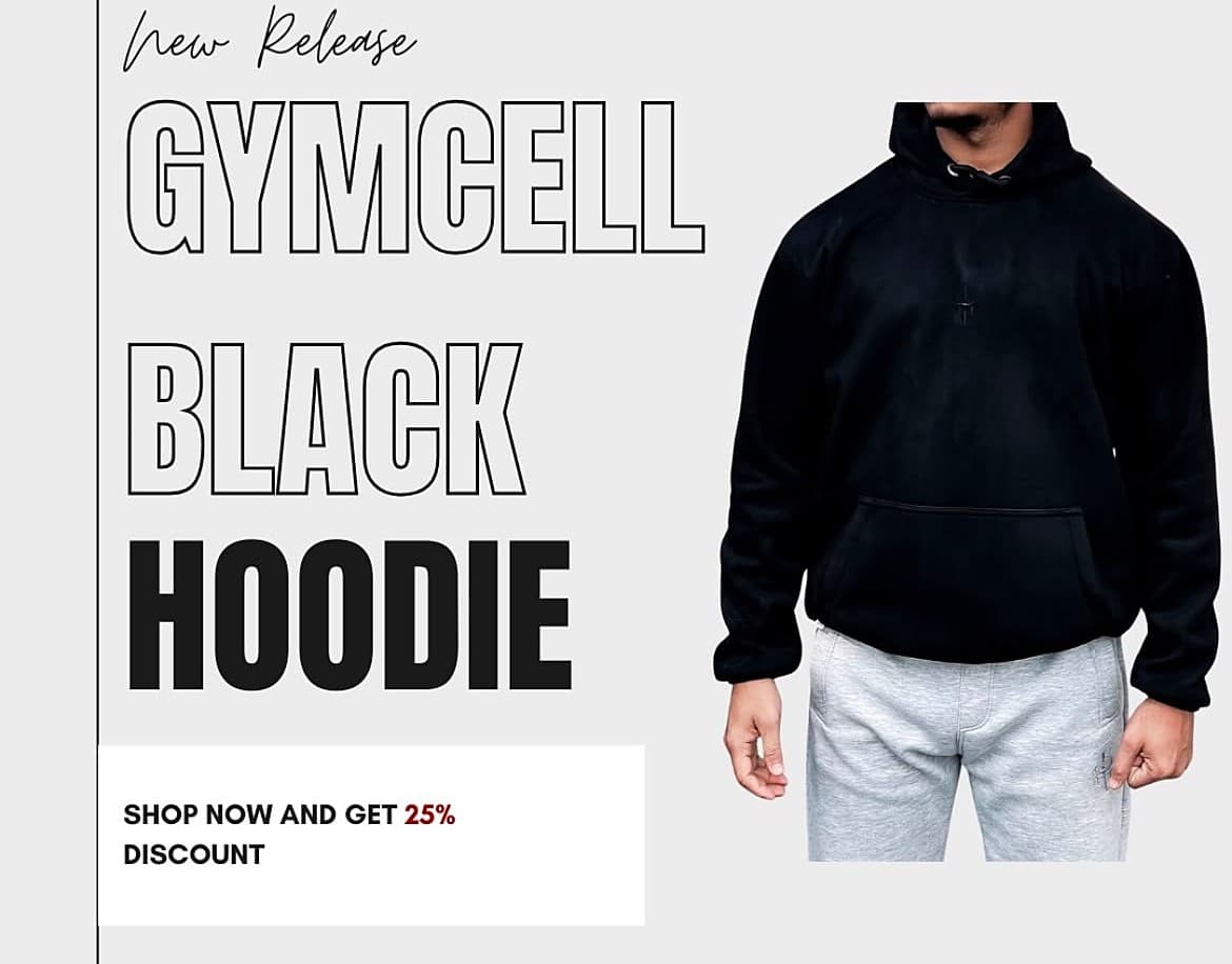Gymcell new release post for the black hoodie.