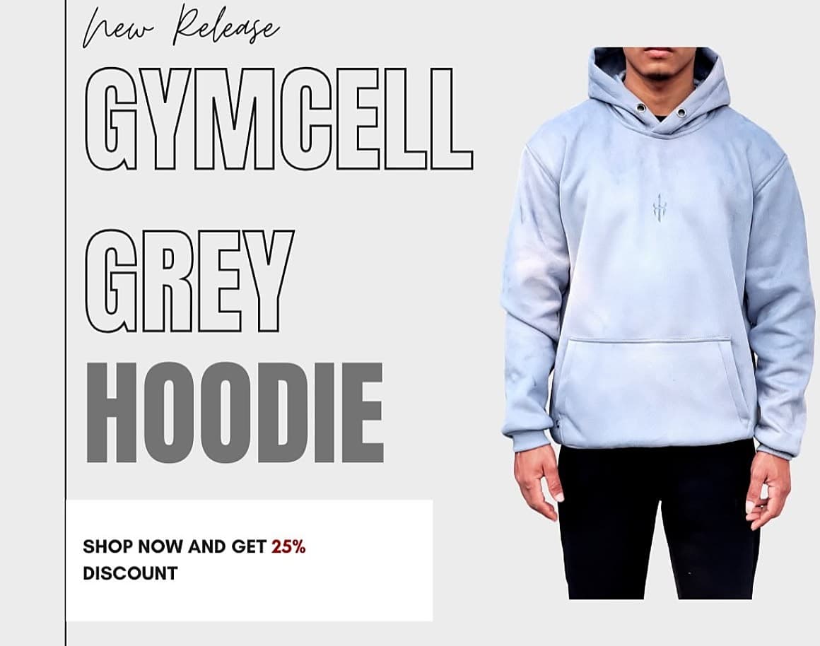 Gymcell new release post for the grey hoodie.