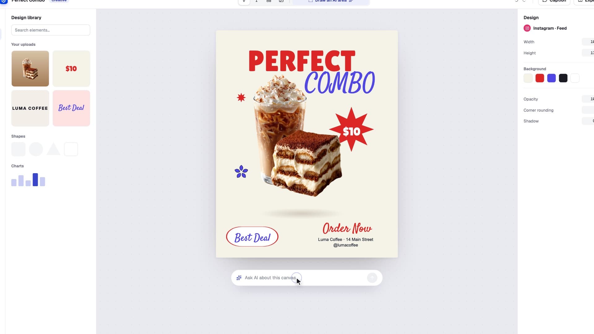 Sociora post editor with a design library, a Perfect Combo poster on the canvas and an Ask AI about this canvas bar.