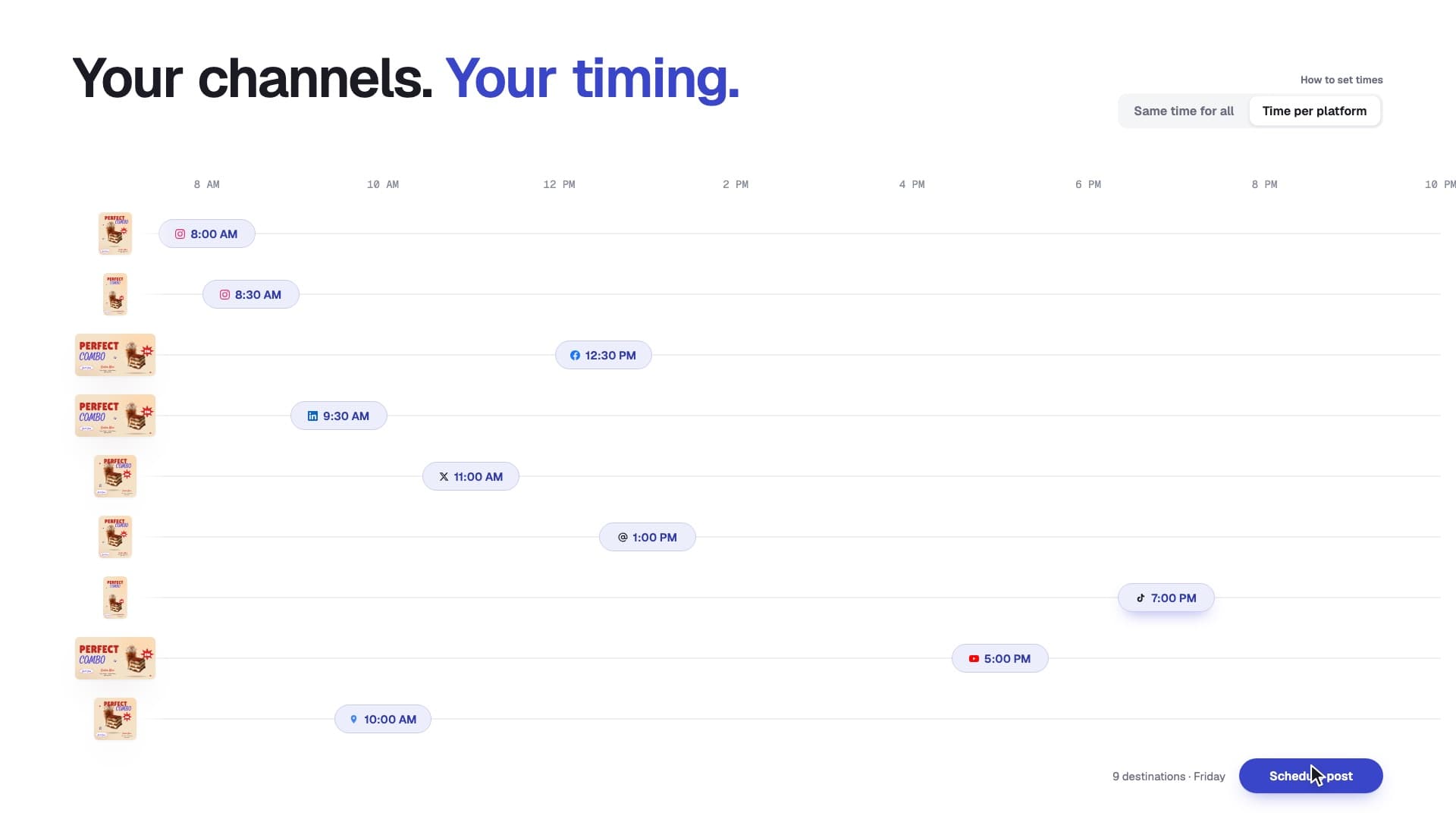 Sociora scheduling view placing one post on nine platforms at different times of day.