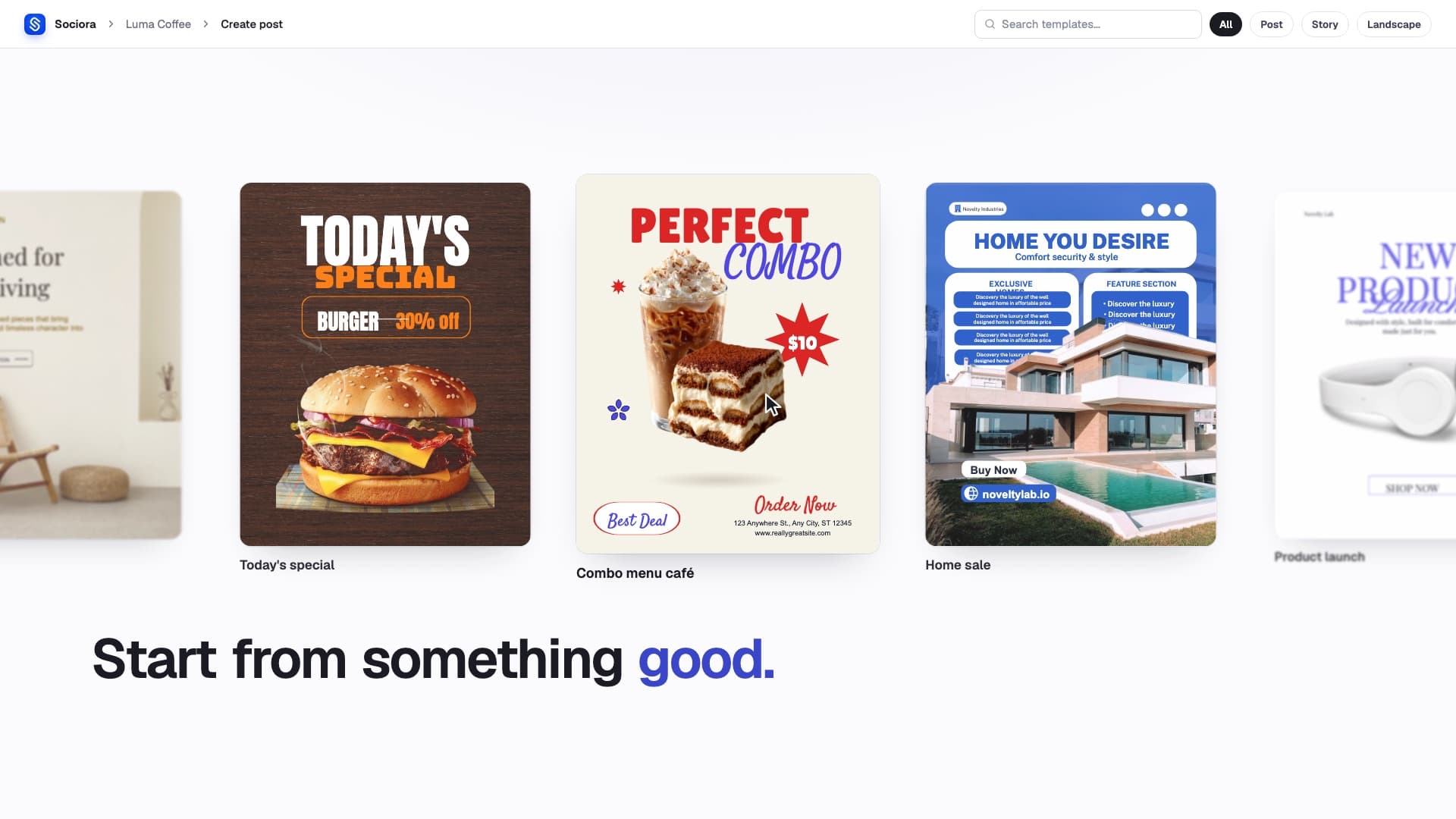 Sociora create-post screen: a row of templates for a coffee shop, with the Combo menu café template selected.